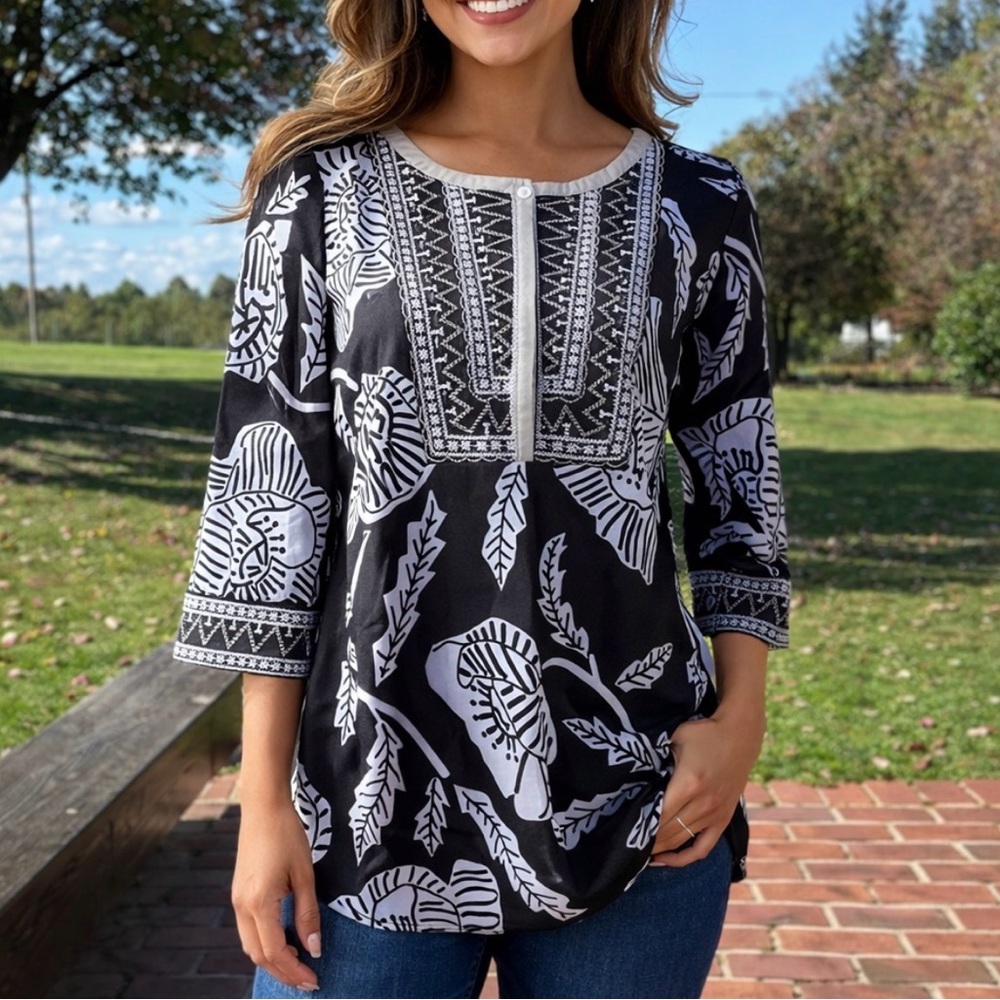 Gretchen Scott Black White Floral Embroidered Long 3/4 Sleeve Tunic X-Small